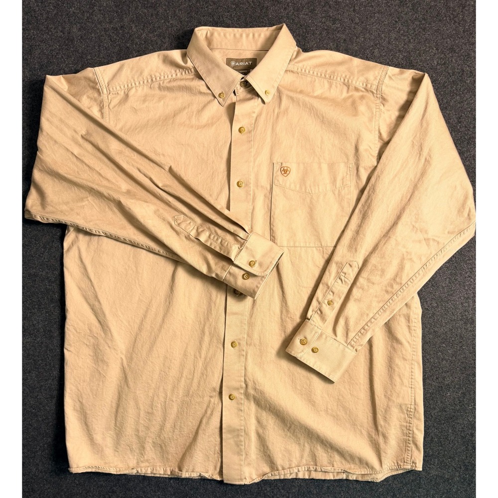 Ariat Mens XL Tan Khaki Long Sleeve Button Down Cotton Western Work Shirt